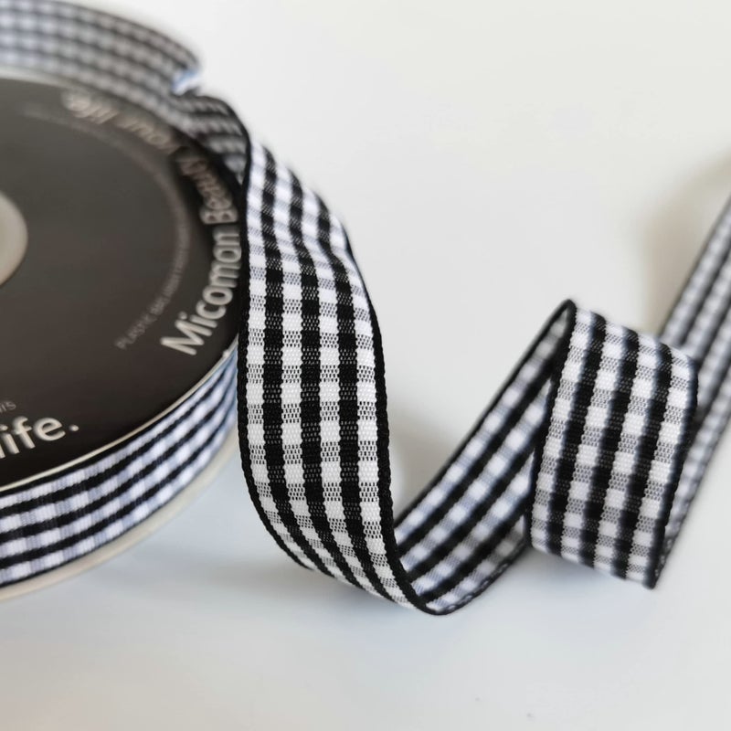Micomon Black and White Wovon Edge Gingham Ribbon 25 Yard Each Roll 100% Polyester (5/8", Black) - Image 4